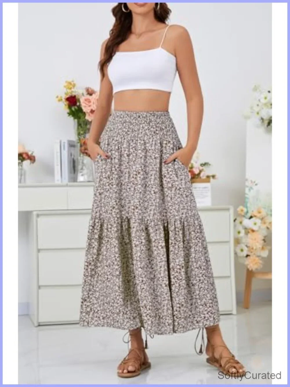 Boho Maxi Skirt Floral Smocked High Waist Long Skirts with Pockets Flowy Beach